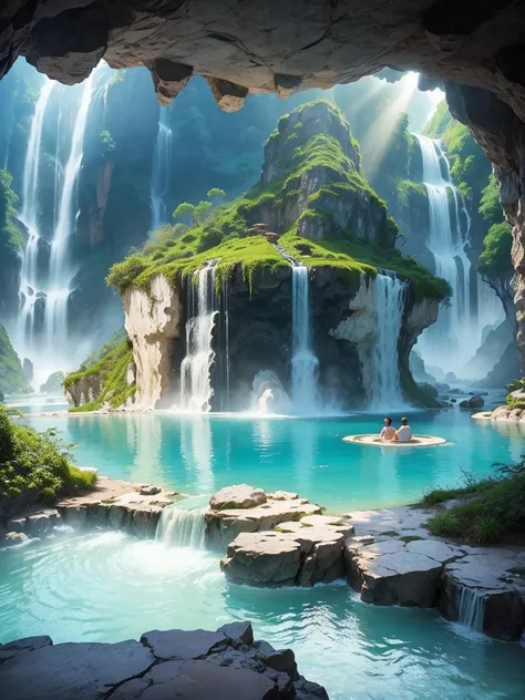 There is a huge hot spring in a super-giant limestone cave。masterpiece， best quality，perfection，Paradise，Great Heaven， romantic，Mysterious， imaginary，Bubble bath，Rock bath