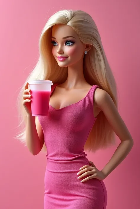 Create an image of Barbie , realistic, 4K, full hd, With a cup in the left hand , The color drunk in the cup is bright pink, She is standing,  the right hand is on the waist ,  and one of the eyes is closed ,  as if it were blinking , 