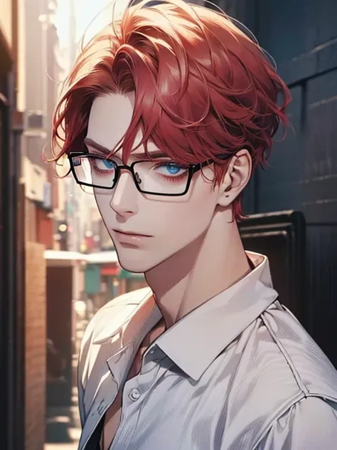 masterpiece, best quality, 1male mature,  32 years, gray red hair, blue eyes, glasses, white shirt, mugshot, wall background, detailed eyes, detailed facial features, realistic and high resolution (best quality, 4k, 8k, highres, masterpiece:1.2)