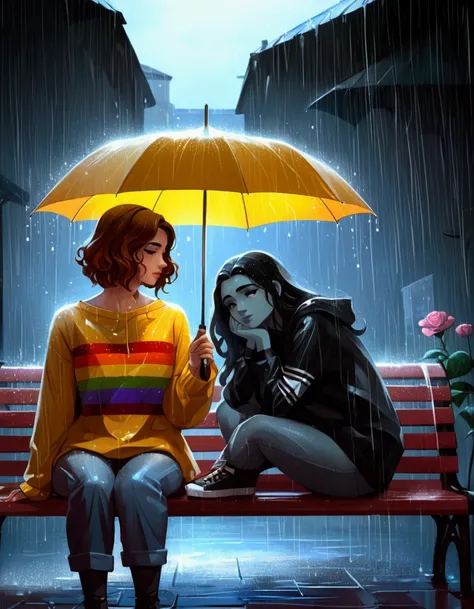 there is a woman sitting on a bench with an umbrella, after rain and no girls, under rain, rainy mood, in style of cyril rolando, rainy afternoon, lgbt art, rainy evening, by Cyril Rolando, alena aenami and lilia alvarado, in the rain, fanart, rainy night,...