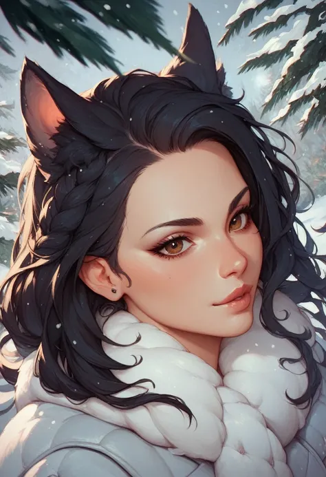 wolf girl with lush disheveled dark hair ,  brown eyes in warm traditional winter clothes with black patterns on her face