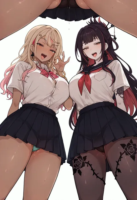 (masterpiece, best quality:1.2), TerasuMC, 2girls, October, virtual YouTuber, multicolored hair, gyaru, hairpin, school uniform, skirt, take your pick, pale skin, dark skin, (ultra-detailed), black spade earrings dangling, long black vine tattoos going up ...