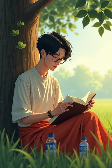 Minimalist avatars , face has to be handsome , I’m a seventeen-year-old young adult boy with an undercut hairstyle and glasses. I want the photo to show me sitting beside or under a tree, surrounded by nature, like a peaceful field or forest. I’m reading a...