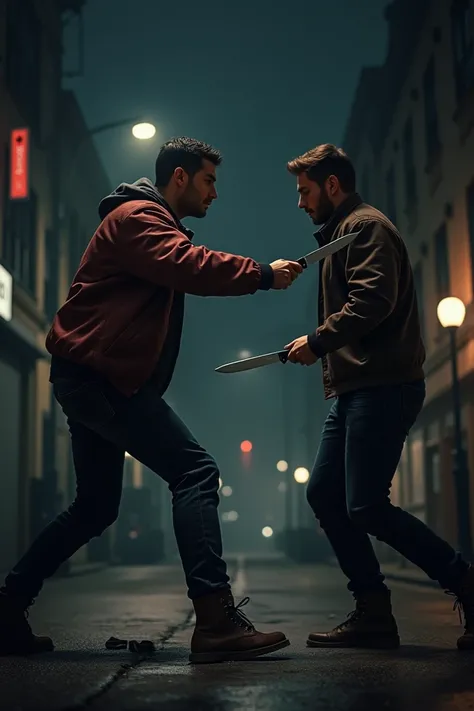 An urban setting at night, with a person holding a knife advancing aggressively towards another individual, both in casual clothing. The atmosphere is tense and realistic.