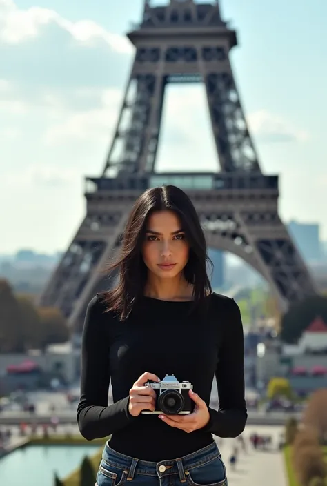 Blunt black-haired woman taking a photo in front of the Eiffel Tower