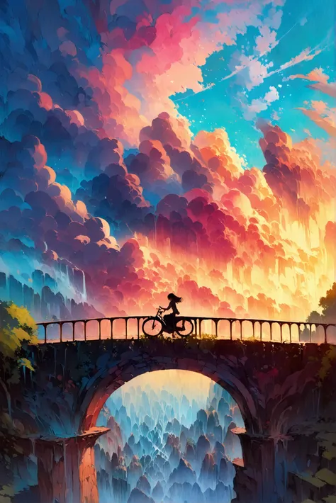 There is a picture of a woman riding a bicycle on a rainbow bridge,  Rainbows bloom in the sky、 fantastic fantasy landscape  ,  Surreal Concept Art ,  4k high definition digital art ,  very detailed official artwork,   Fantasy Matte Painting， Fantasy paint...