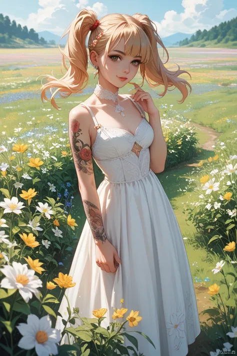 an anime female character standing by herself in a field of flowers wearing a white dress, 1girl, solo, twintails, looking at viewer,  tattoo