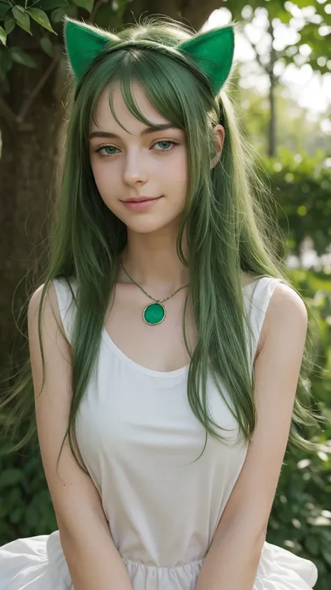 portrait. a european girl. extremely detailed face. gentle smile. half-closed eyes. green eyes. long, thick hair. green hair. fake cat on head. emerald necklace. collarbone. white t-shirt. facial spots