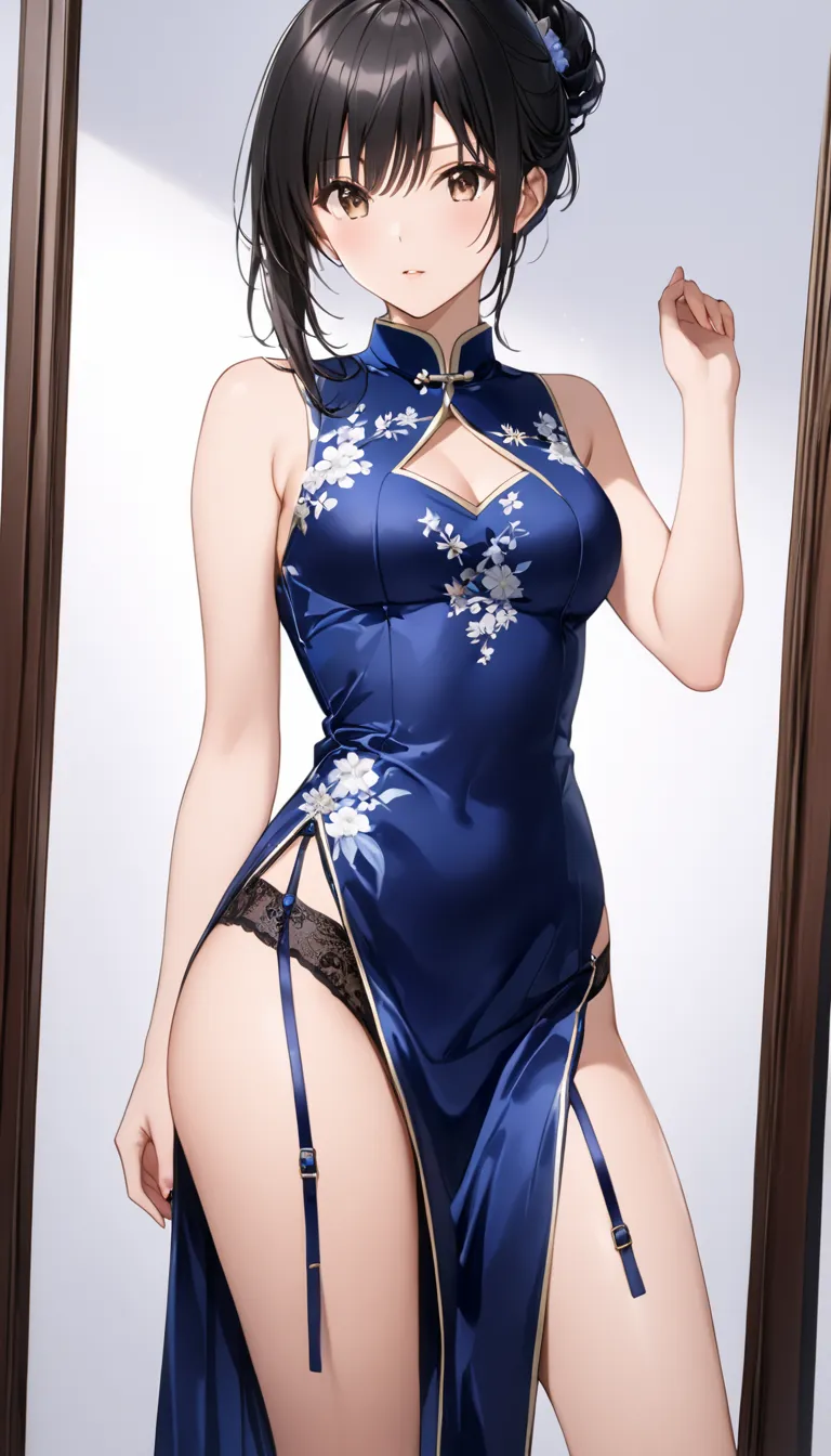  best quality、  Unity 8K Wallpaper、32K、masterpiece、 Very detailed、  ultra high resolution、 Very detailedな顔、 RAW photo、professional、Ultra-detailed paintings、female 1 person、Navy blue long china dress made of shiny, glossy silk fabric with slits、Furukawa Yui...