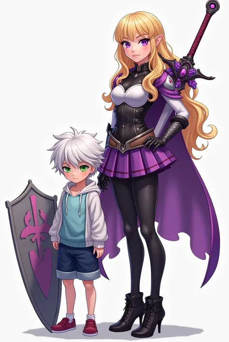 Full body image of a young woman, height 56", healthy white skin, long blonde layered large-waves hair with bangs, large purple eyes, serious expression but smiling and winking, lightweight purple and white chest armor worn overtop of a tight black shirt, ...