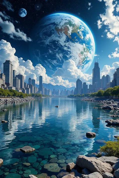 A large expanse of water in space, with images of beautiful earth cities reflected in it.