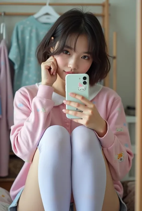 A young Asian woman with short hair sitting with ones knees up, taking a mirror selfie. She is wearing a cute, pastel-colored outfit, featuring a pink shirt with cartoon illustrations, high socks in light purple with small, subtle patterns, and a pair of l...