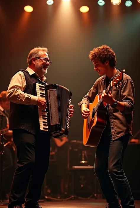 Two musicians on stage one with an accordion and the other a young man with a guitar