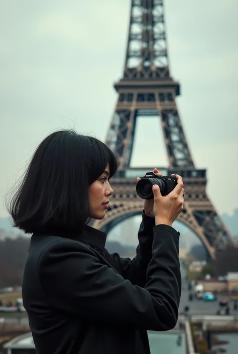 Blunt black haired woman taking photo in front of Eiffel Tower