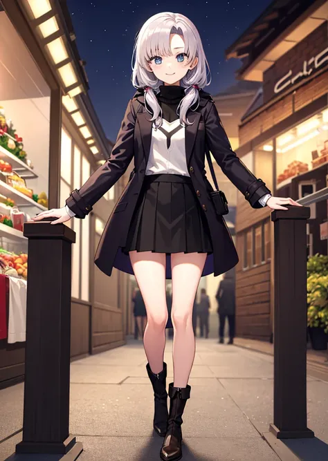 Clothing: Chesterfield coat with a high gauge turtleneck sweater, tight skirt, black long boots. Location: Christmas market. Tight chest. Expression: Shy smile.Standing. (image quality:3k Pixels). Draw with beautiful lines.  (right arm Only one),(left arm ...