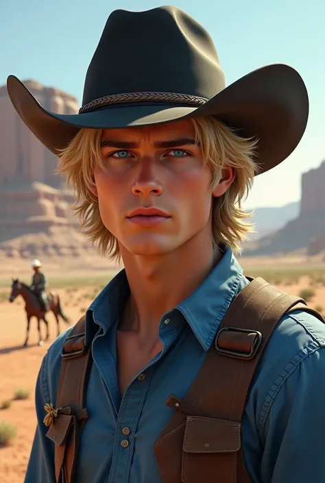 Foto de um Jovem de 20 anos no beard com cabelo loiro,  penetrating blue eyes , Perfect face and features, well defined jaw,  Wearing a cowboy costume , blue shirt and black hat in a wild west setting (no beard) no beard, realistic
