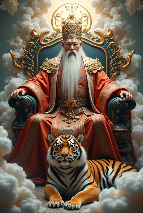 Men have a long white massage, aggressive face ,Asian, wearing ancient Chinese nobleman costume,Asian, sitting on dragon throne ,Put on a black gold dress , with clouds rolling in waves,
 with a tiger lying in front of the throne, golden halo,8k