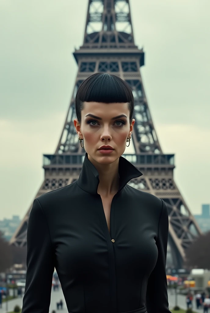 Blunt black-haired woman standing in front of the Eiffel Tower