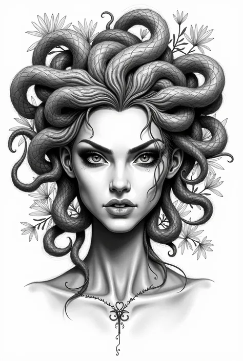 Medusa with snake hair, black and white sketch style, front bust drawing, long hair, flowers around her face Anatómicamente correcto,  tall details,  Tongue out, Vein of anger,  shiny pupils , 