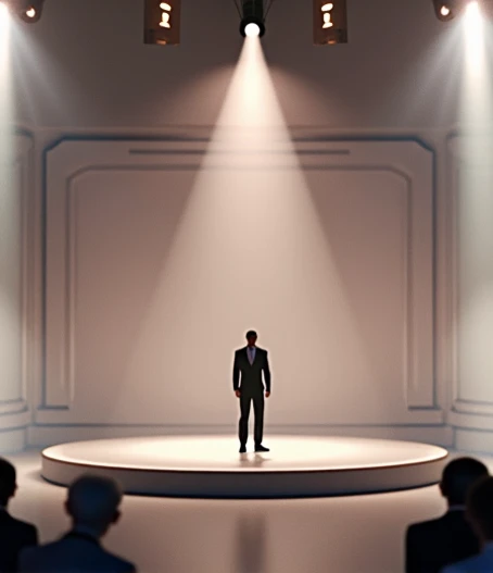   From the picture I gave , create a 3D like real ,  but this guy is standing on stage ,  telling a scam to a low IQ person.