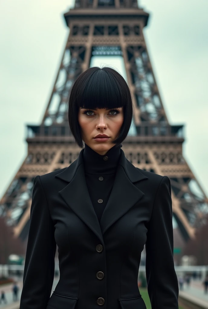 Blunt black-haired woman standing in front of the Eiffel Tower