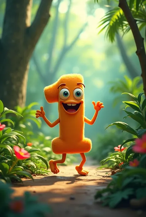 An animated number one with eyes ,  feet and hands dancing in the jungle

