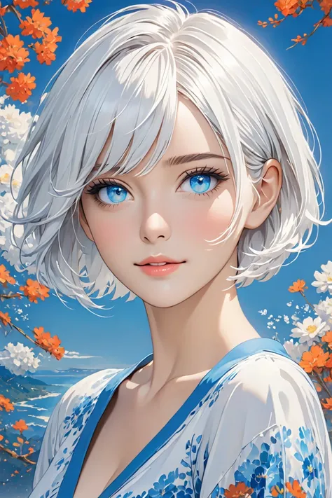 A woman Short Hair, White Hair, Blue eyes, 