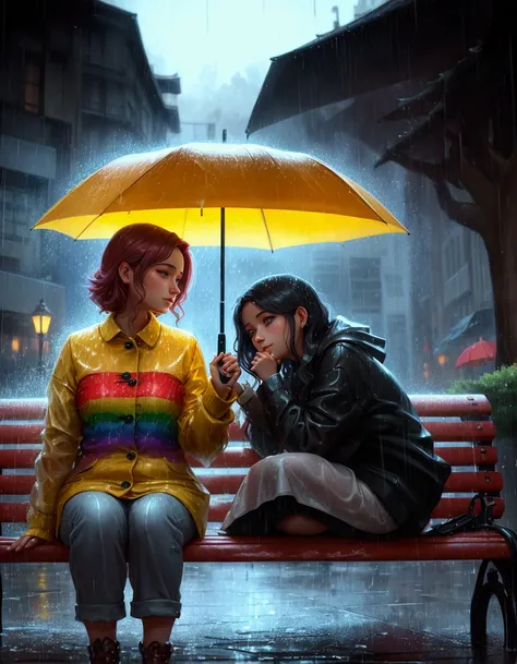 there is a woman sitting on a bench with an umbrella, after rain and no girls, under rain, rainy mood, in style of cyril rolando, rainy afternoon, lgbt art, rainy evening, by Cyril Rolando, alena aenami and lilia alvarado, in the rain, fanart, rainy night,...