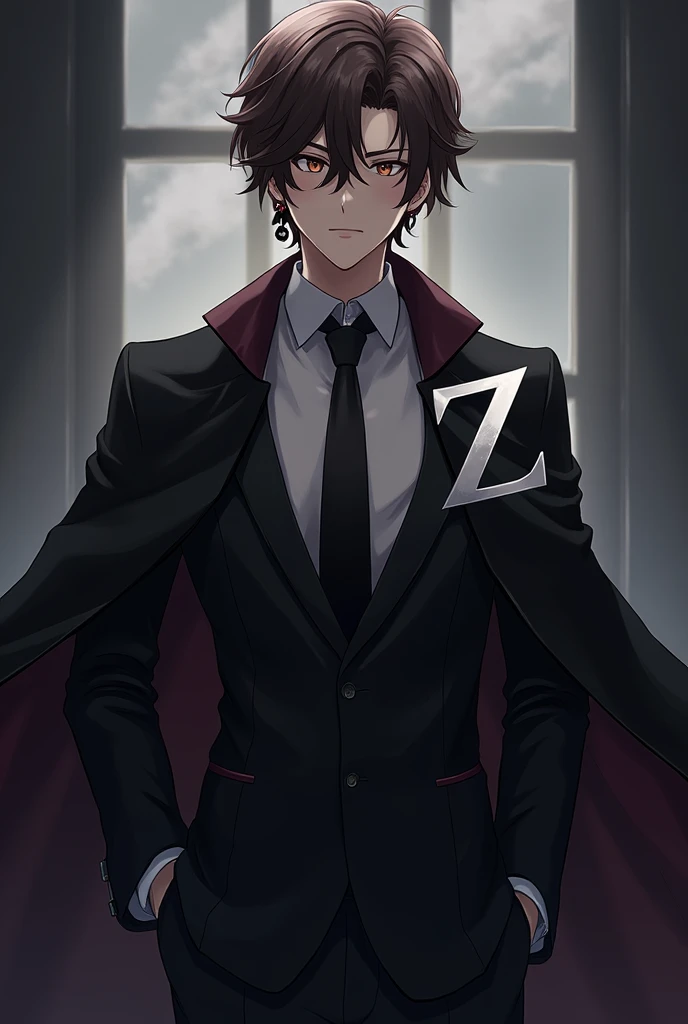 A anime guy wearing a black tie suit with a cape on the back of his suit with a big white "Z" on the back of the cape with his brown hair covering his left eye and black earrings. 