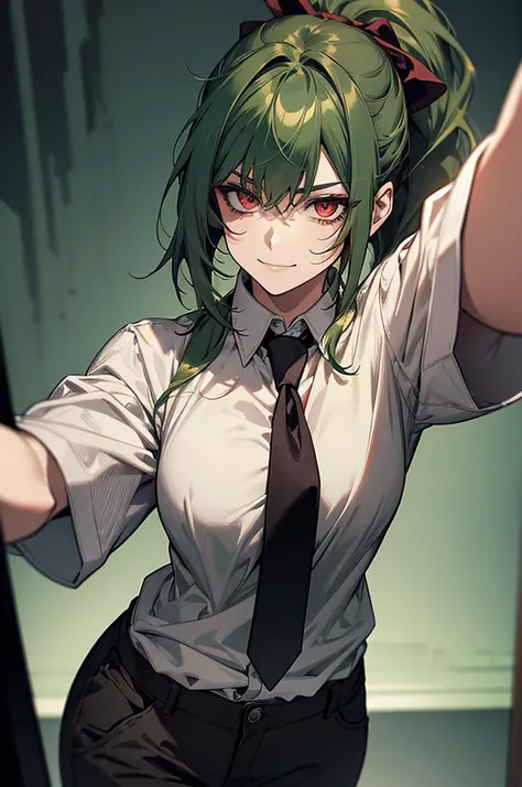 (8k, HD, best quality, intricate details, dark colors, masterpiece: 1.2) smug mature woman with dark green hair, turned away, staring at viewer, loose white shirt, unraveled tie, smirking, crossed arms, standing, ((loose white shirt)) BREAK ((red eyes)), (...