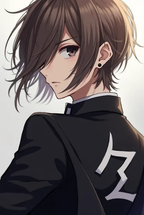 A anime guy wearing a black tie suit with a cape on the back of his suit with a big white "Z" on the back of the cape with his brown hair covering his left eye and black earrings.  His eye colour is black