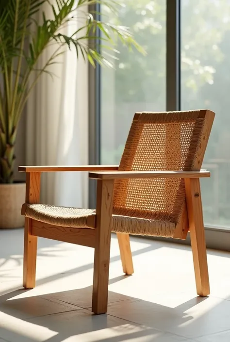 Minimalist wooden armchair, with dried coconut straw . 