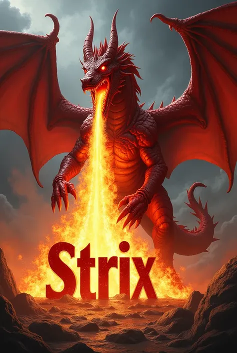 A red dragon throwing fire that says strix down and that he is stepping on the word