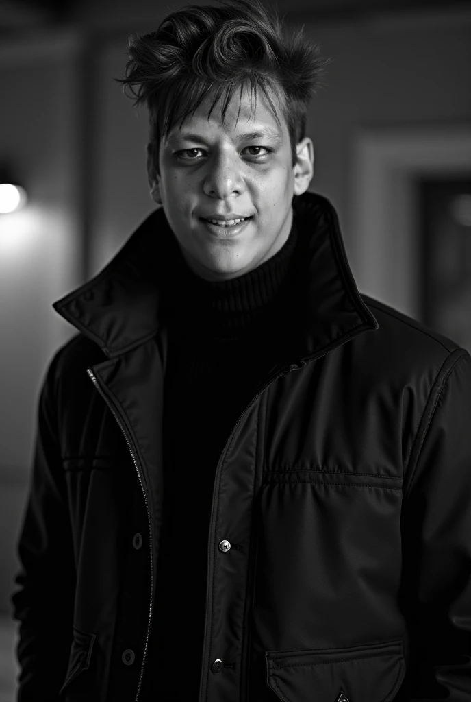 Photo portrait closeup taken from a Leica m9 50mm 1.2, black and white photo, 8k hd high quality, film grain, Badass magnificent and Regal demeanor, handsome and Manly young man wearing a black jacket with turtleneck shirt. Handsome and alluring, rough and...