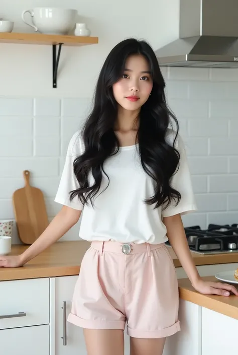 "K-pop style women&#39;Realistic images、    Korean beauty   , length, Wavy black hair.White wall background、   White kitchen、Simple Kitchen 、 Im wearing a long white t-shirt   .,   Im wearing light pink shorts 、 Im cooking in the kitchen 、 Im cooking egg d...