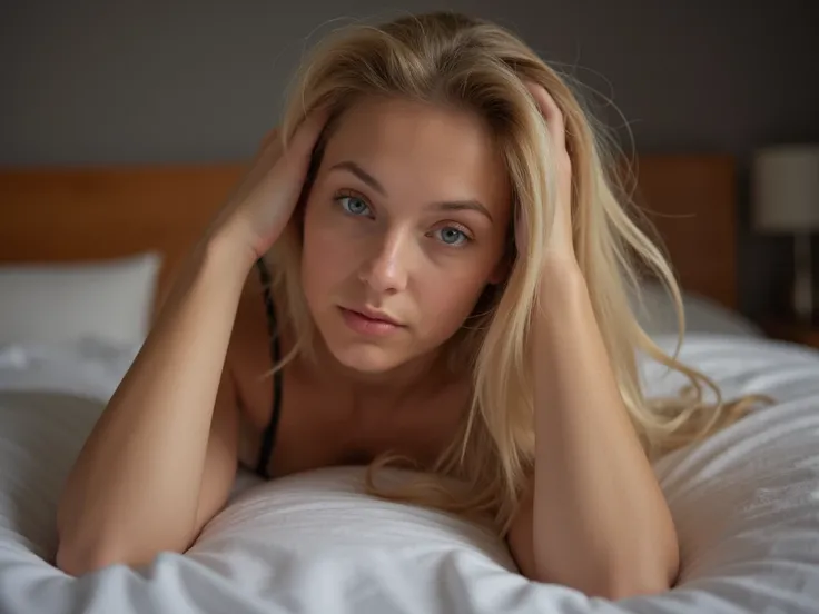 It generates an image of a blonde girl in bed who is very attractive with a desire for sex and the face of a pervert in lingerie 