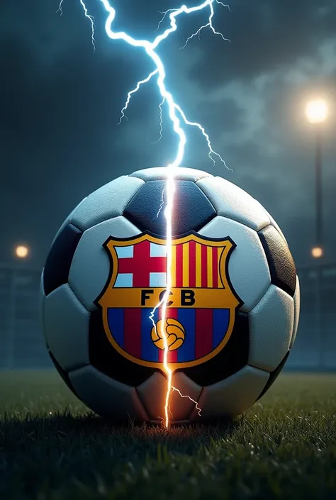 A soccer ball divided by lightning and the other half the Barcelona shield