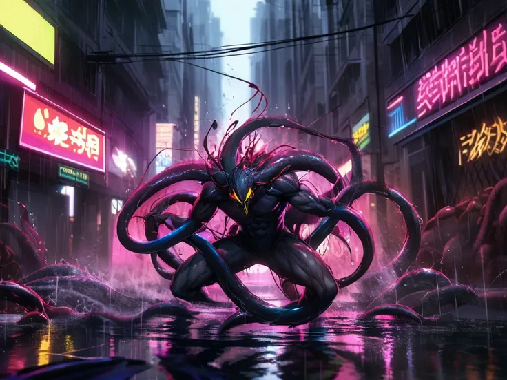 A dark, rainy cityscape with glowing neon lights reflecting off wet streets. A terrifying creature with multiple tentacles and moving on four muscular, clawed legs is depicted in rapid motion, almost a blur, as it sprints through an empty intersection. The...