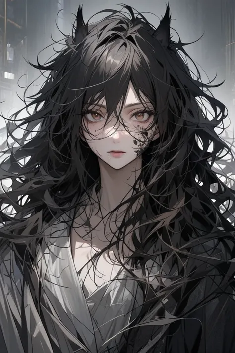  wolf girl with lush disheveled dark hair, brown eyes with black patterns on the face,  Beautiful, disheveled, smart, tall  