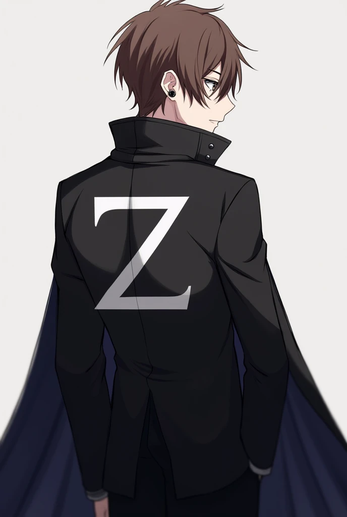 A anime guy wearing a black tie suit with a fully black cape on the back of his suit with a big white "Z" on the back of the cape with his brown hair covering his left eye and black earrings.  His eye colour is black