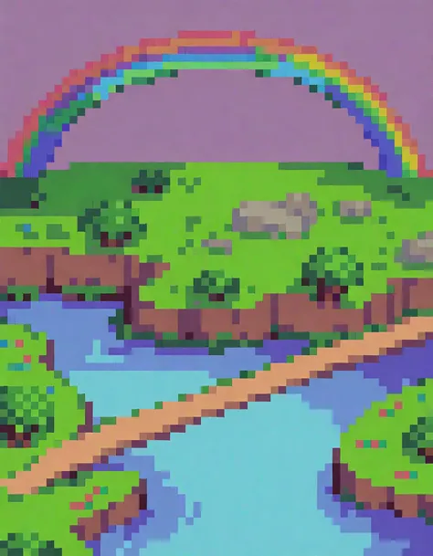 8-bit retro games, JRPG, "Dragon Quest", pixel art, a beautiful rainbow bridge over a lake, a hero in a fantasy world