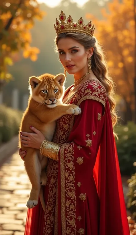 "A regal woman holding a golden lion cub, standing in a sunlit autumn garden, wearing a royal crimson gown embroidered with intricate gold patterns, her confident gaze fixed on the viewer, golden crown encrusted with rubies resting on her head, hyperrealis...