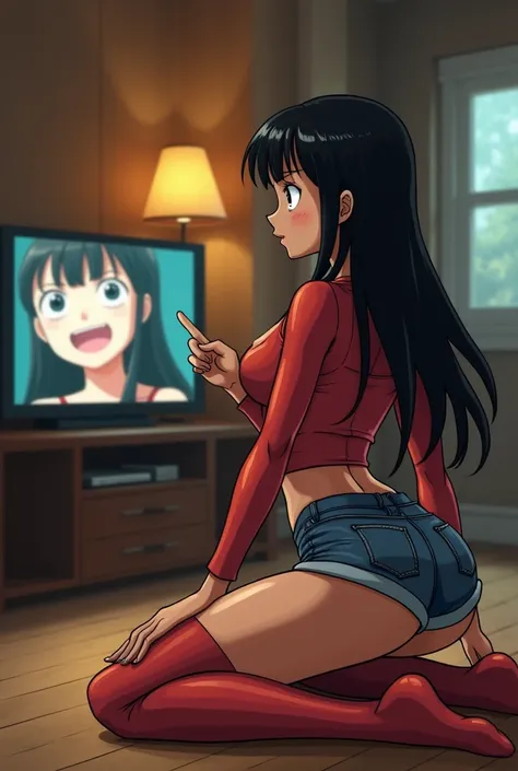  Create the character of Nico Robin , from the series One Piece , In kneeling pose ,  watching the screen while giving a blow job