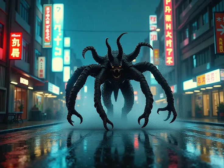 A dark, rainy cityscape with glowing neon lights reflecting off wet streets. A terrifying creature with multiple tentacles and moving on four muscular, clawed legs is depicted in rapid motion, almost a blur, as it sprints through an empty intersection. The...