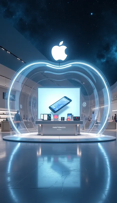 A futuristic retail store in outer space with a transparent dome in the shape of an apple, surrounded by a soft-colored galaxy with muted tones of blues and silvers. The store features floating displays of smartphones and tablets, arranged in a sleek and m...