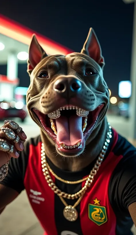 A highly detailed and ultra-realistic image of a muscular pitbull wearing a Flamengo soccer jersey, with diamond grills on its teeth, smiling widely and holding up one paw to emphasize its grin. The pitbull is adorned with extravagant diamond accessories, ...