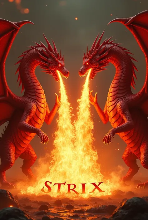 Two red dragons throwing fire that say the word strix in the middle and that he is stepping on the word