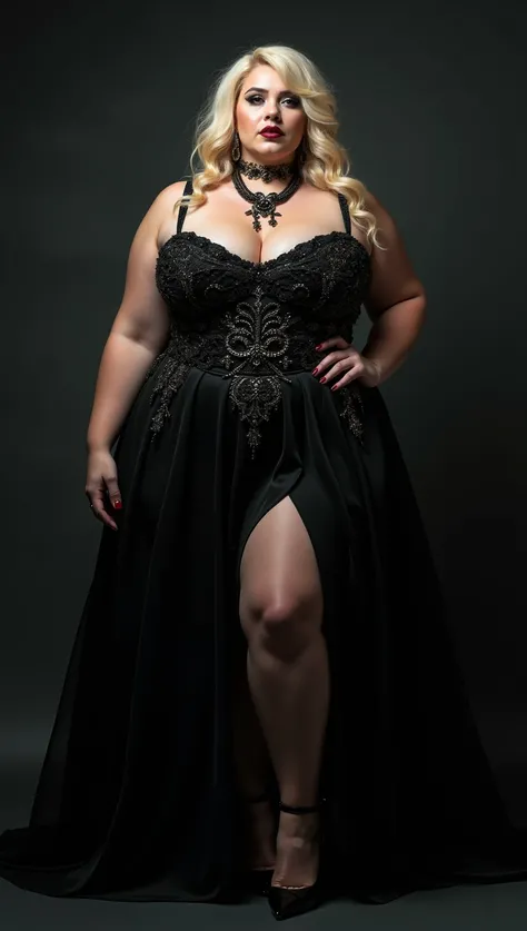 photorealistic full body photo of plus size woman, blonde woman,(art by Skottie Young:1.2), (elegant pose:1.5),, (realistic skin :1.5),(realistic:1.5),high quality,(gothic make-up) , wearing flashy gothic dress , highly detailed ornaments on the dress, lar...