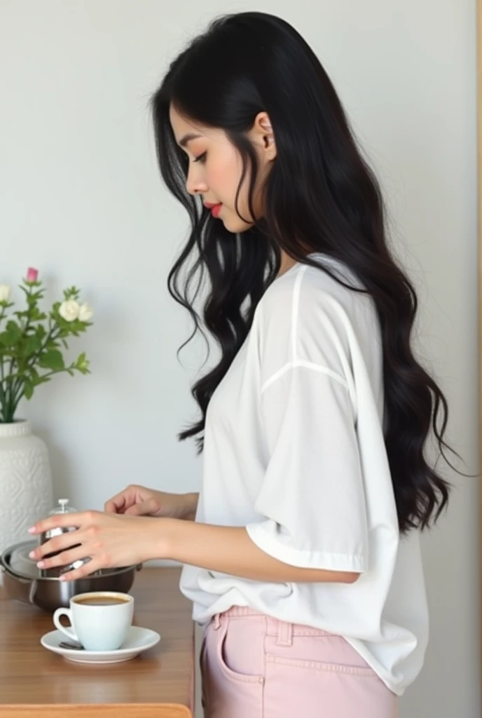 "K-pop style women&#39;Realistic images、    Korean beauty   , length, Wavy black hair.White wall background、   White kitchen、Simple Kitchen 、 Im wearing a long white t-shirt   .,   Im wearing light pink shorts 、 Im cooking in the kitchen 、 Im cooking egg d...