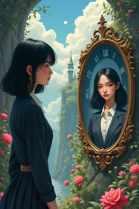 Create a picture with a breathtaking background like fairytales but incorporate these:


The picture should have a college girl in black shoulder-length hair, beautiful. Ill also appreciate if there is a mirror in front of her with a grown reflection, her ...